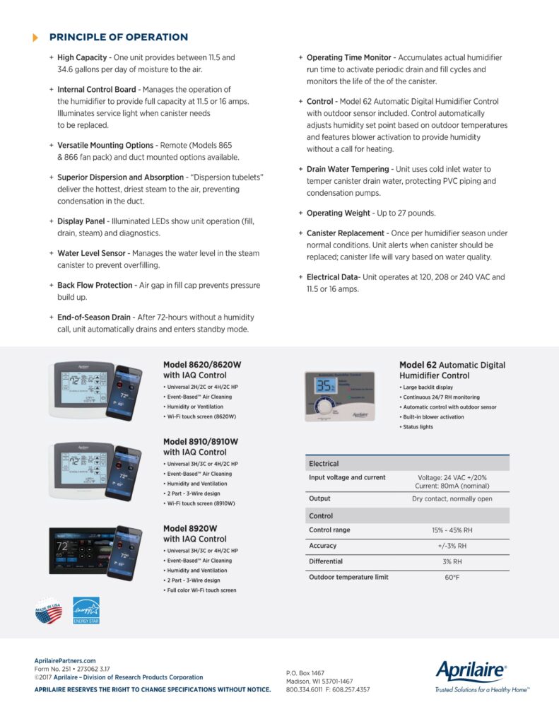 Aprilaire specification sheet page 0002