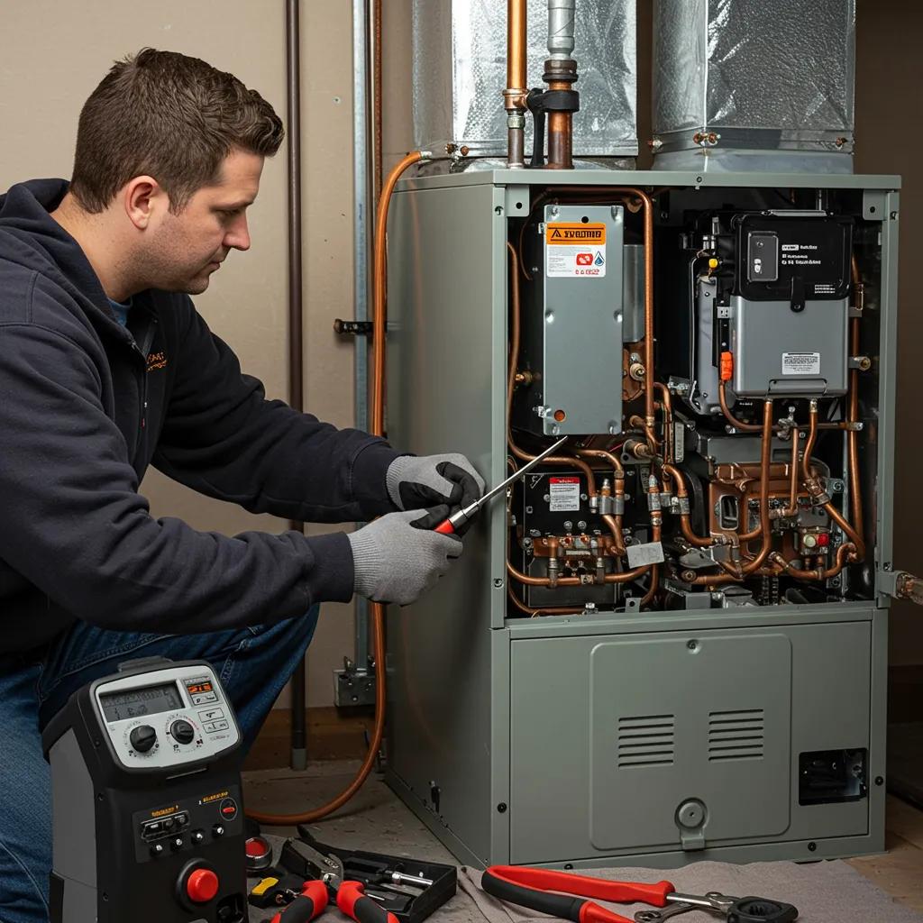 Technician performing maintenance on a furnace, highlighting essential upkeep for longevity