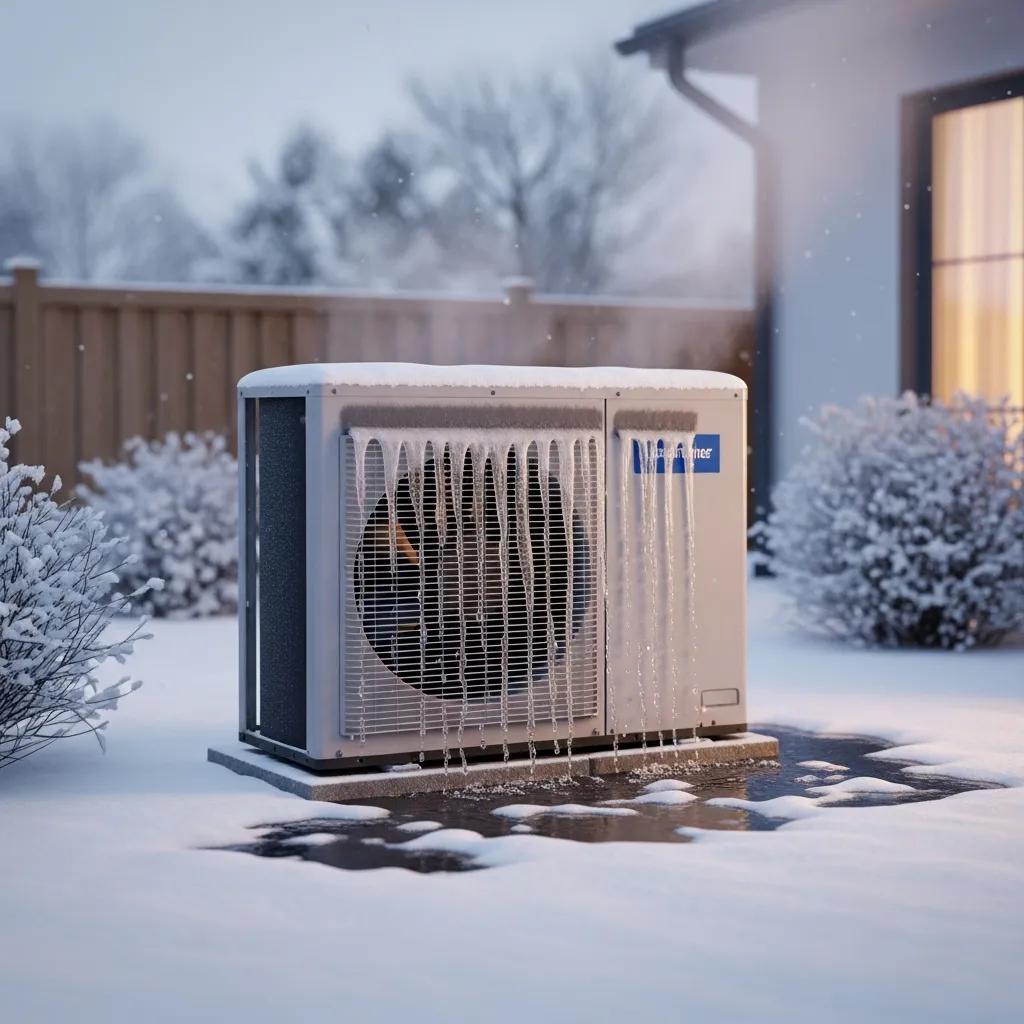 HVAC Blog 1 Heat pump in winter with melting ice, illustrating the defrost cycle's importance