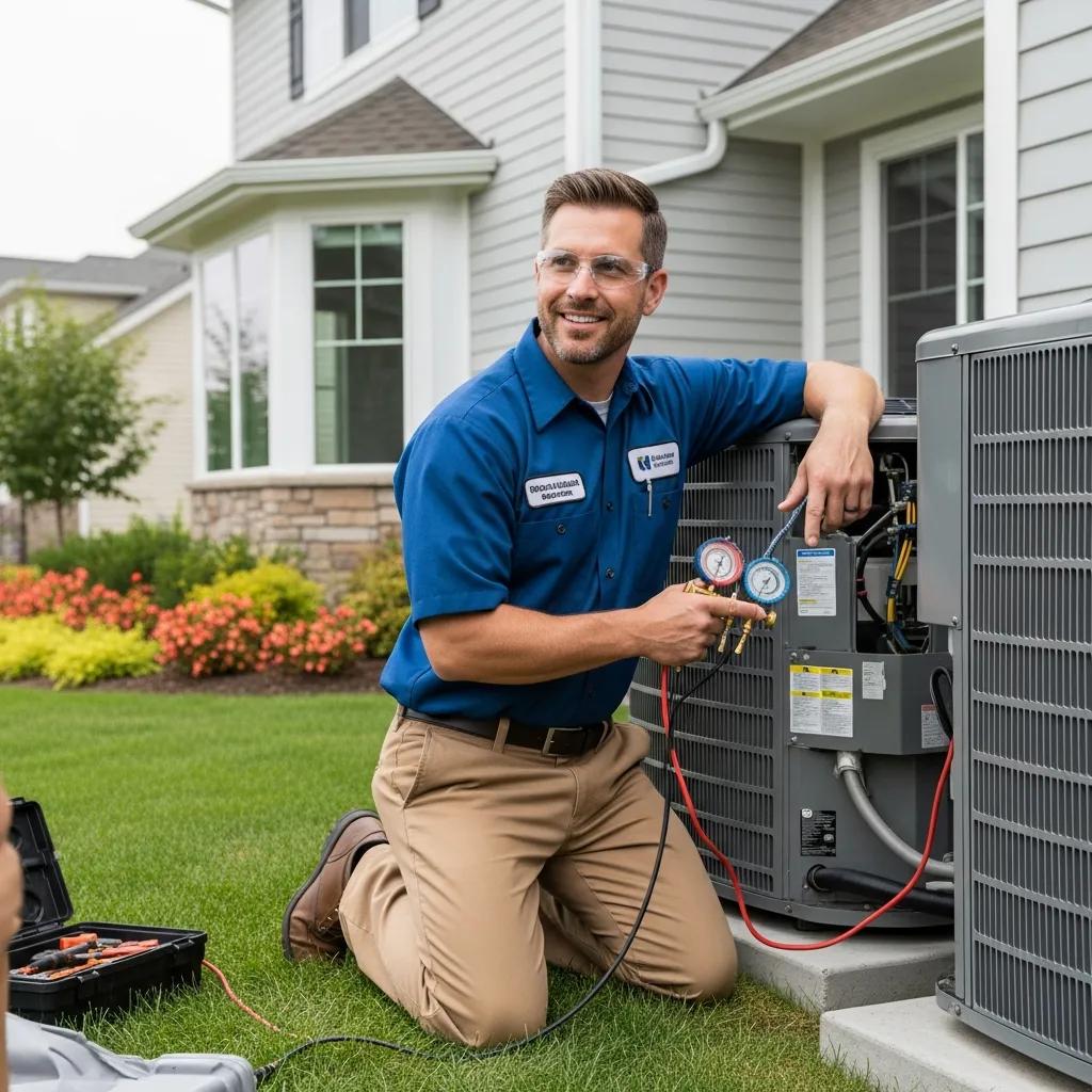 HVAC Blog 1 HVAC technician inspecting air conditioning unit in a residential setting