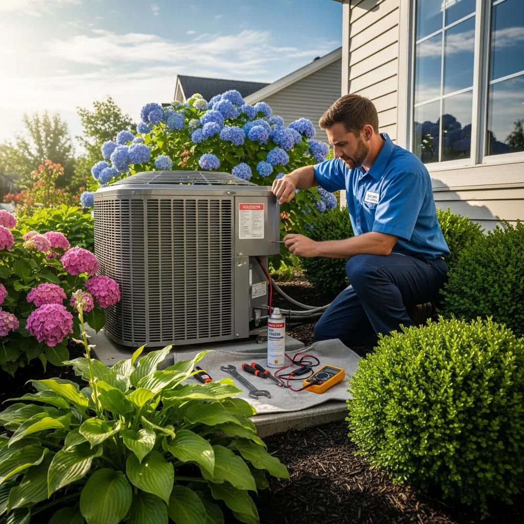 Technician performing seasonal AC maintenance in a residential garden